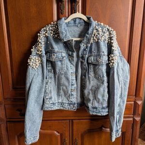SHEIN Light Blue Denim Jacket with Pearl Embellishments